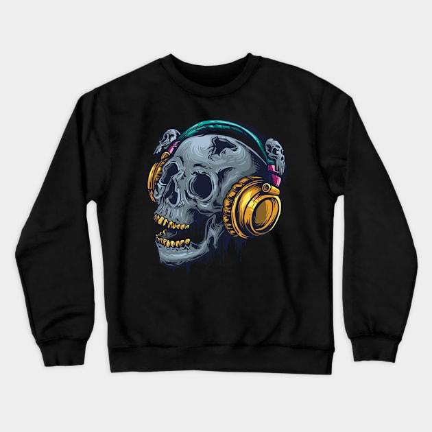 Skull Headphones Halloween Scary Bones Horror Skeleton Crewneck Sweatshirt by The Hammer